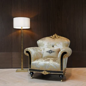 Gilded Crown-Back Classical Armchair in Brushed Gold Brocade — front view