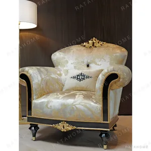 Gilded Crown-Back Classical Armchair in Brushed Gold Brocade — in a room setting