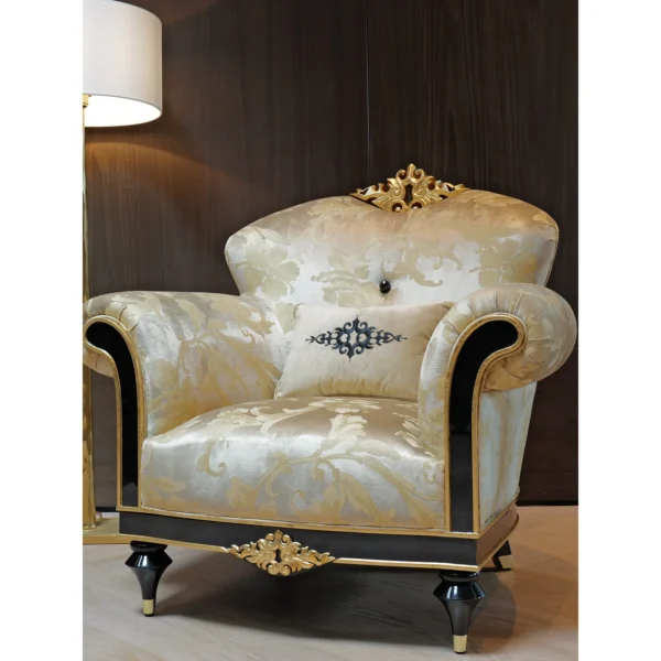 Gilded Crown-Back Classical Armchair in Brushed Gold Brocade — in a room setting