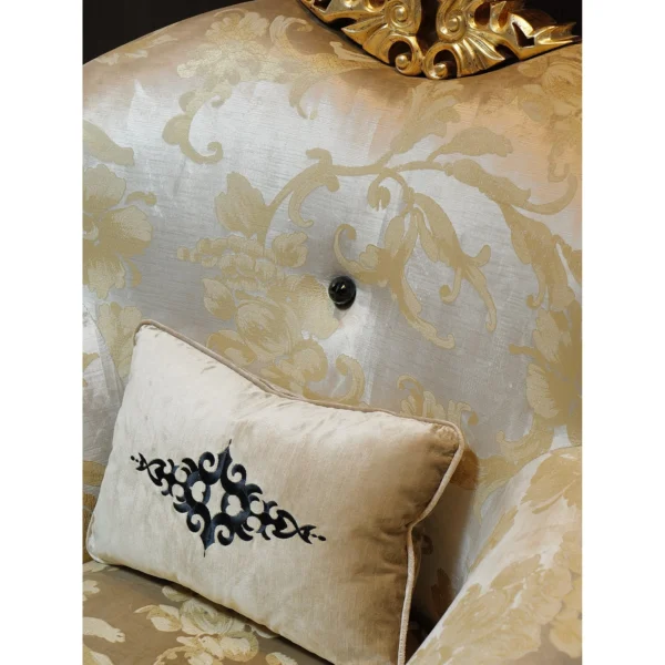 Gilded Crown-Back Classical Armchair in Brushed Gold Brocade — in a room setting