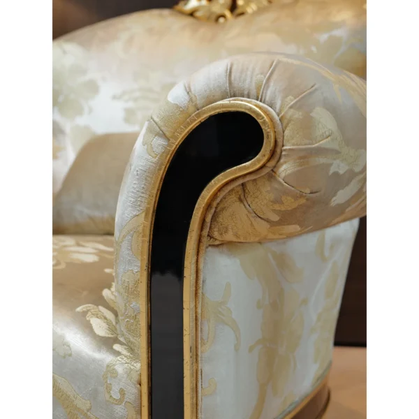 Gilded Crown-Back Classical Armchair in Brushed Gold Brocade — in a room setting
