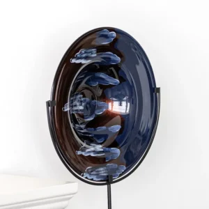 Gilded Hand-Painted Glass Disc Ornament on Iron Stand in blue — front view