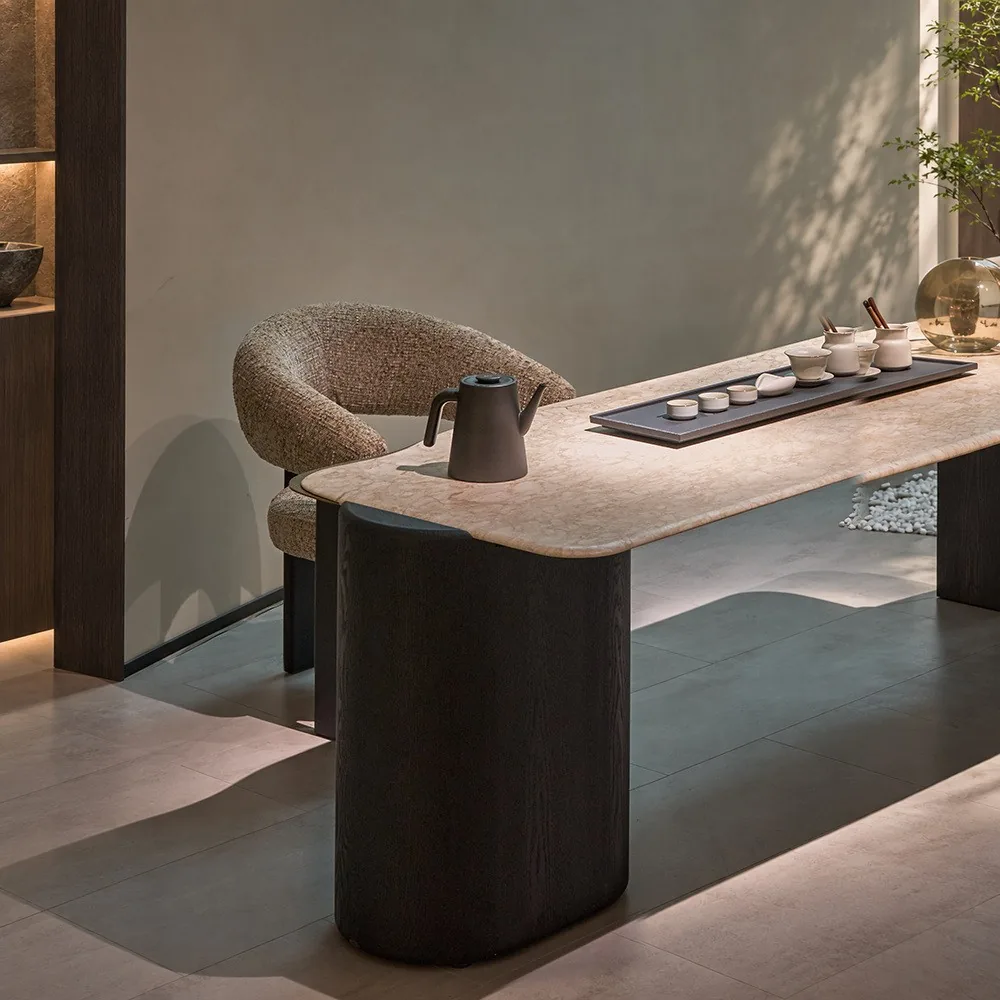 Floating Gold Marble Curved Tea Table in oatmeal — front view