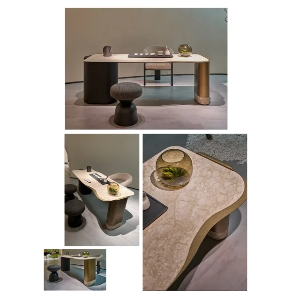 Floating Gold Marble Curved Tea Table in oatmeal — in a room setting