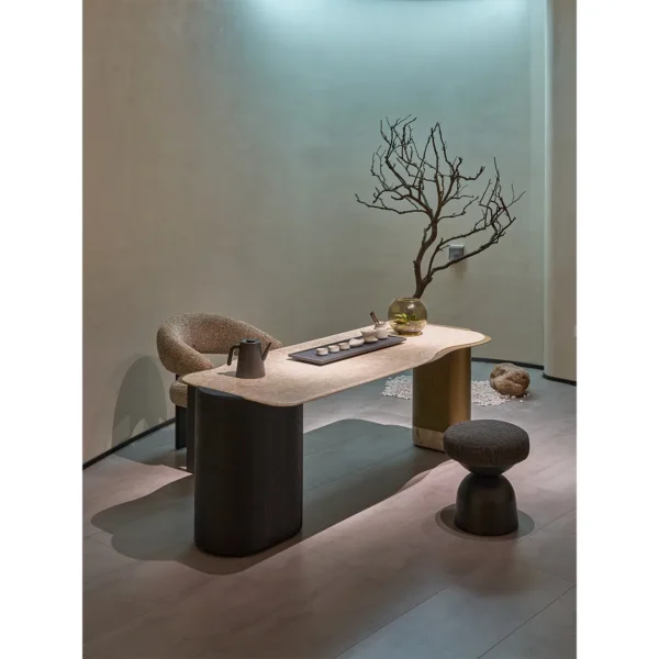 Floating Gold Marble Curved Tea Table in oatmeal — in a room setting