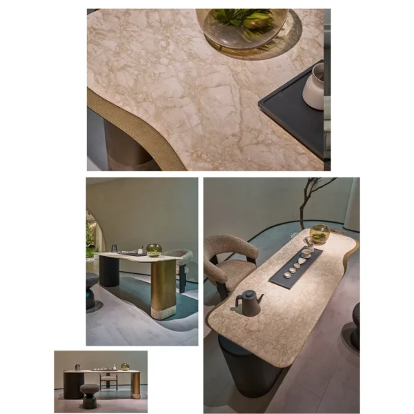 Floating Gold Marble Curved Tea Table in oatmeal — in a room setting