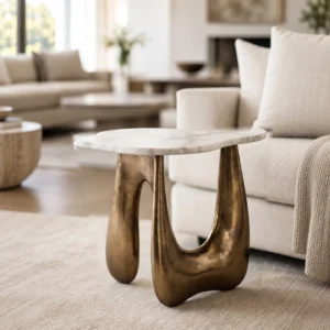 Cloud Marble Side Table on Gilded Sculptural Base in ivory — front view