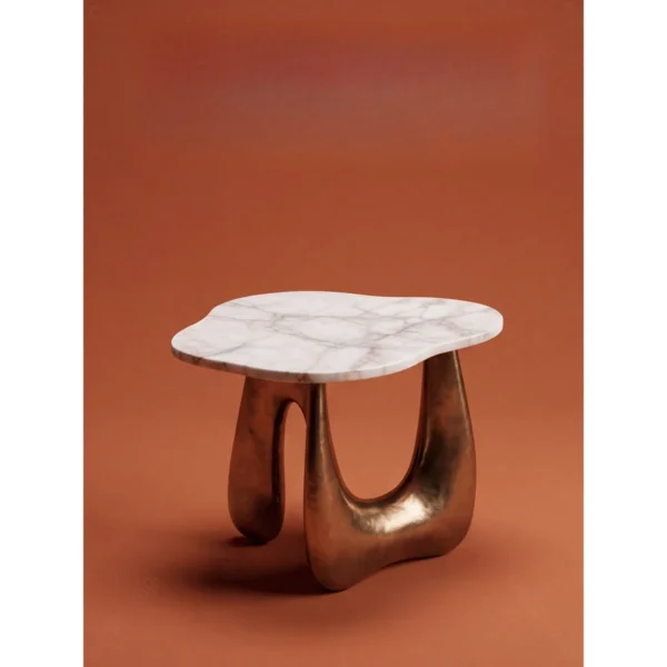 Cloud Marble Side Table on Gilded Sculptural Base in ivory — in a room setting