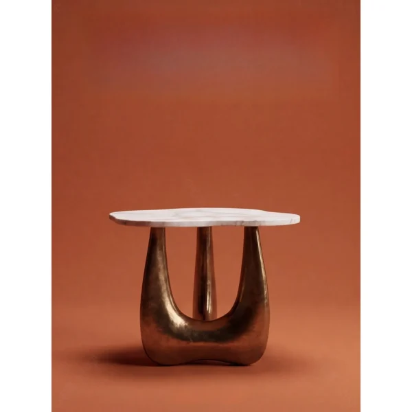 Cloud Marble Side Table on Gilded Sculptural Base in ivory — in a room setting