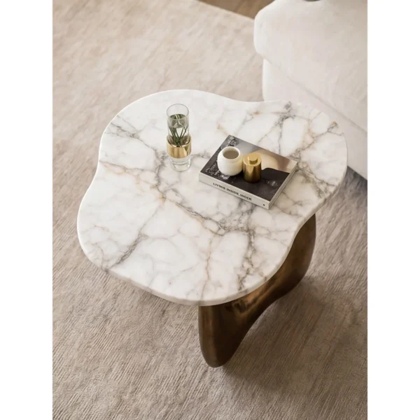 Cloud Marble Side Table on Gilded Sculptural Base in ivory — in a room setting