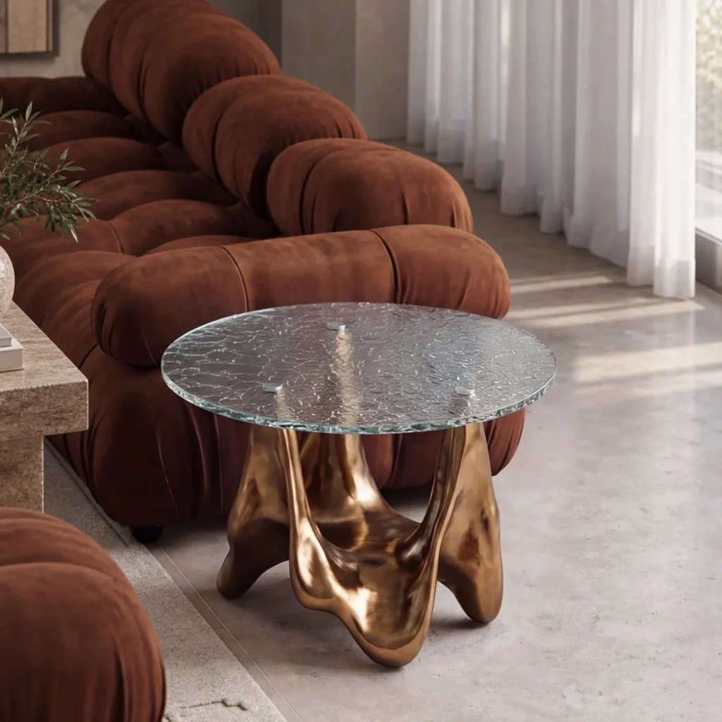 Ripple Glass Round Side Table on Gilded Sculptural Base in brushed brass — front view