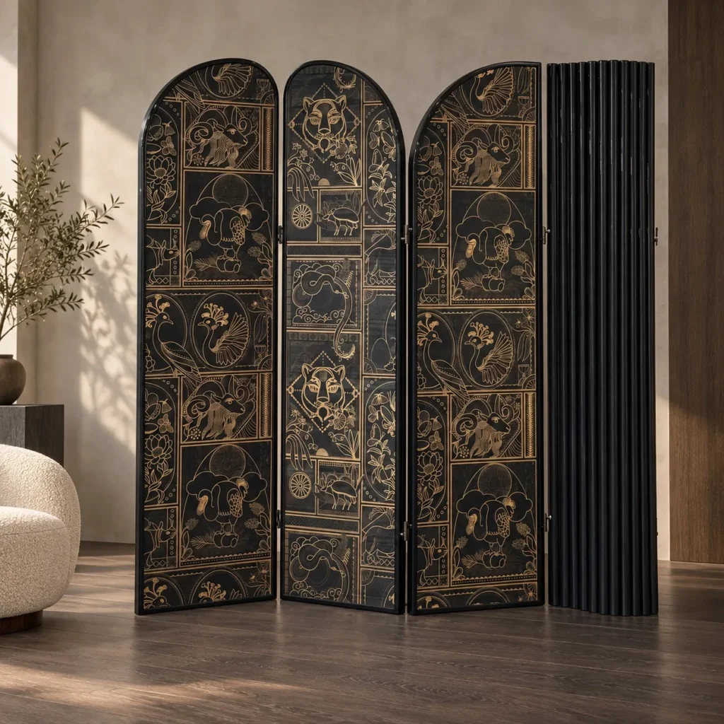 Gilt Zodiac Arched Folding Screen in Black — front view
