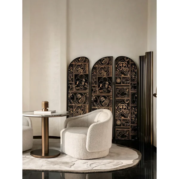 Gilt Zodiac Arched Folding Screen in Black — in a room setting