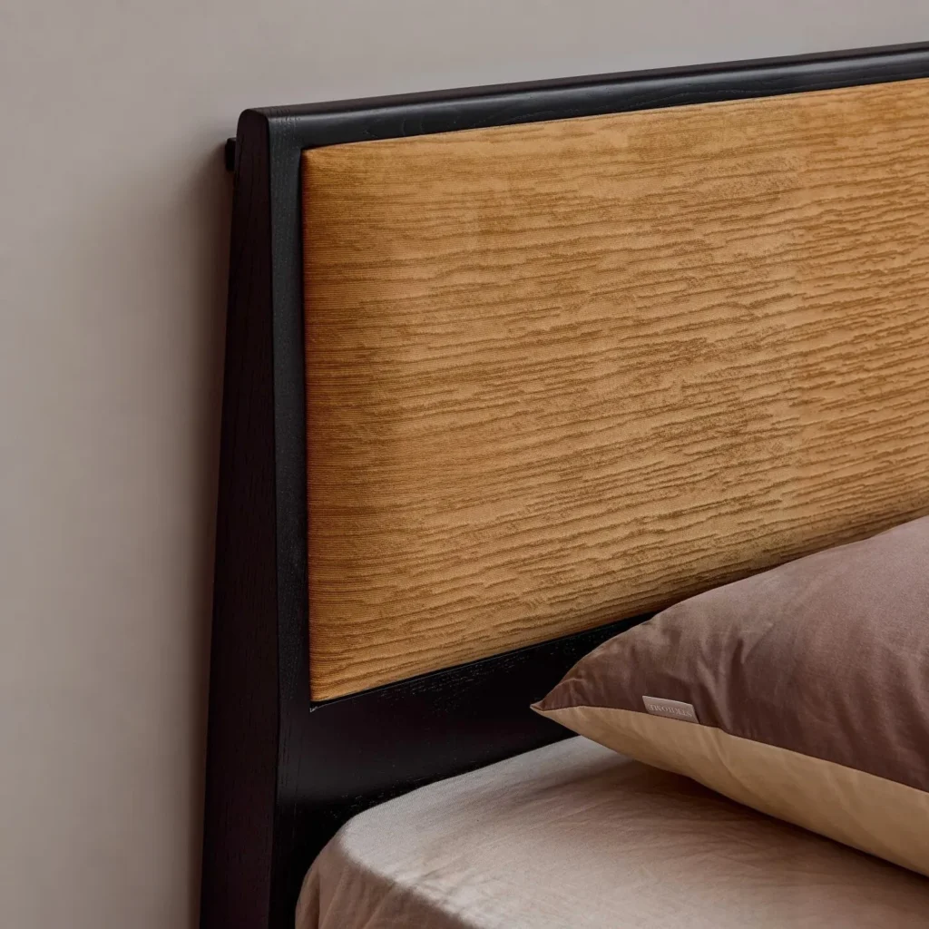 Ginger Velvet Bed with Dark Frame in mustard — front view