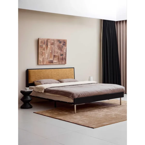 Ginger Velvet Bed with Dark Frame in mustard — in a room setting