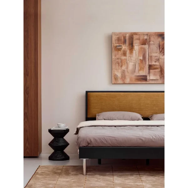 Ginger Velvet Bed with Dark Frame in mustard — in a room setting