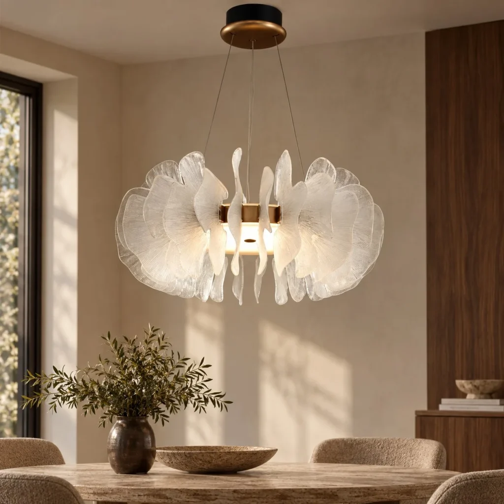 Ginkgo Leaf Textured Glass Pendant Light, 55 or 70 cm in ivory — front view
