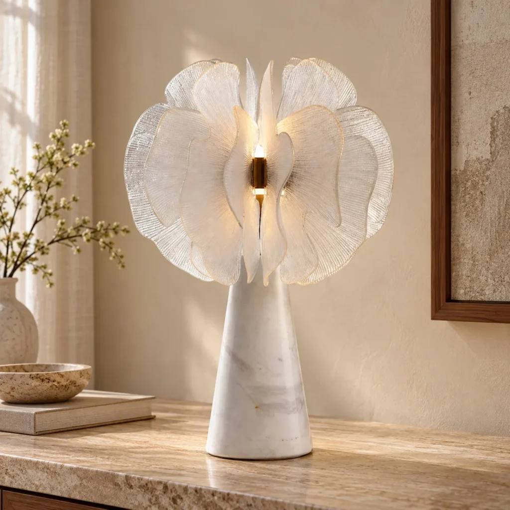 Ginkgo Petal Table Lamp on White Marble Cone in ivory — front view