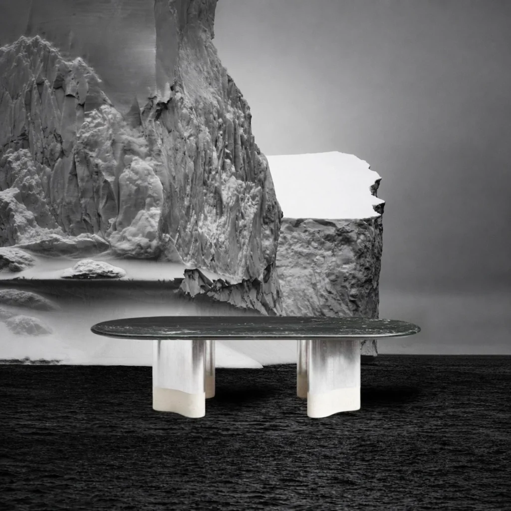 Glacier Long Stone Dining Table in ivory — front view