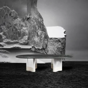 Glacier Long Stone Dining Table in ivory — front view