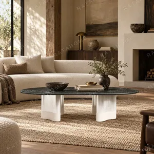 Glacier Long Stone Dining Table in ivory — in a room setting