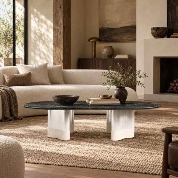 Glacier Long Stone Dining Table in ivory — in a room setting