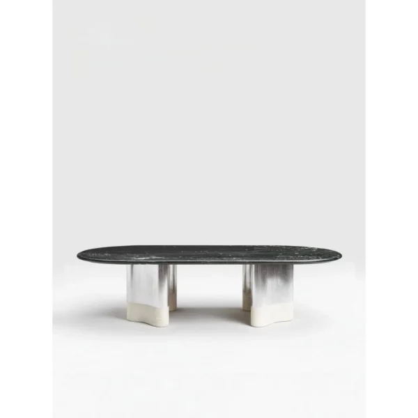 Glacier Long Stone Dining Table in ivory — in a room setting