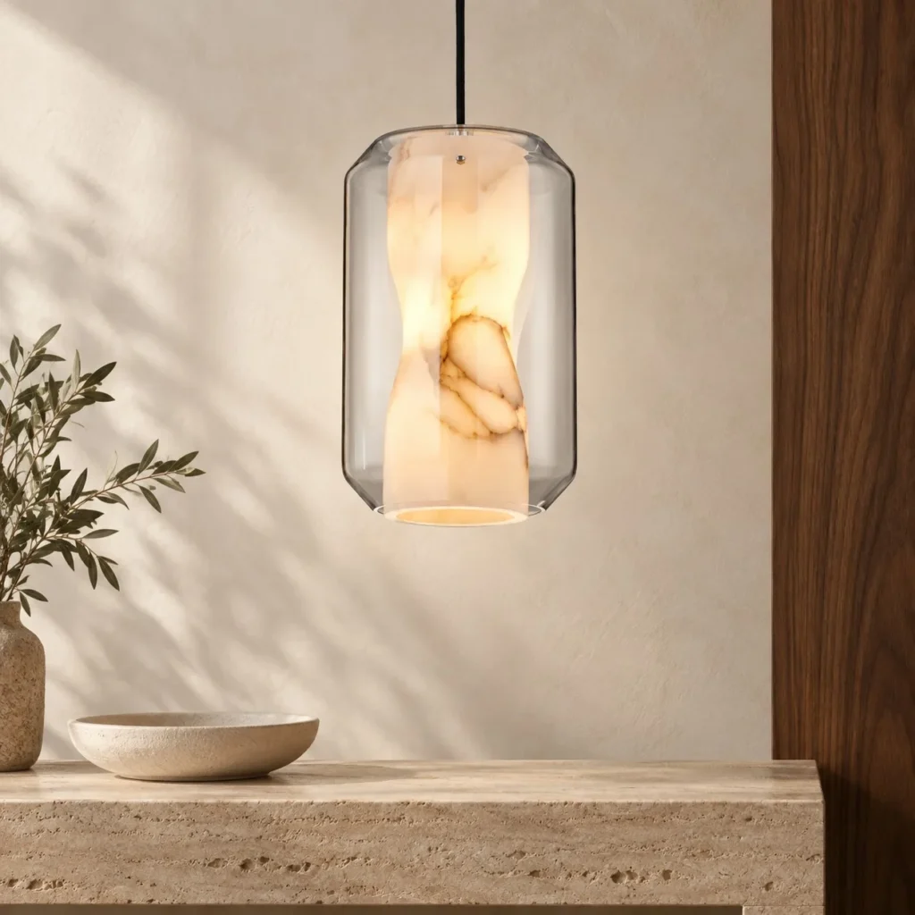 Alabaster-Effect Glass Cylinder Pendant Light, 20 cm in ivory — front view