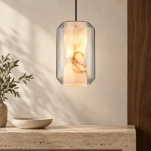Alabaster-Effect Glass Cylinder Pendant Light, 20 cm in ivory — front view