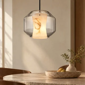 Alabaster-Effect Glass Low Round Pendant Light, 24 cm in ivory — front view