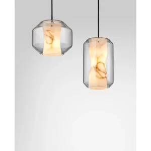 Alabaster-Effect Glass Low Round Pendant Light, 24 cm in ivory — in a room setting