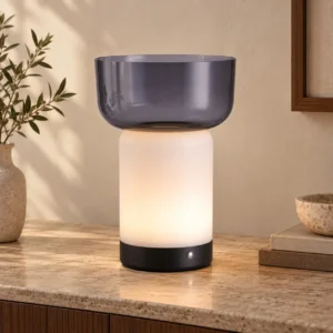 Smoked Blue Glass Bowl Table Lamp with Opal Column in blue — front view