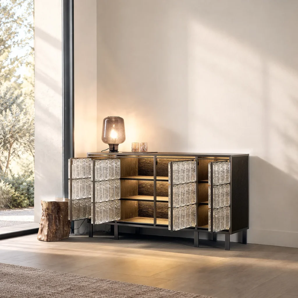 Ice-Textured Glass Brick Sideboard with Steel Frame in ivory — front view