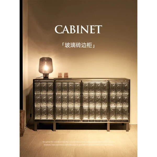 Ice-Textured Glass Brick Sideboard with Steel Frame in ivory — in a room setting