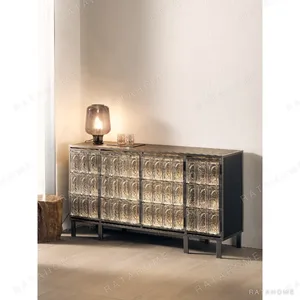 Ice-Textured Glass Brick Sideboard with Steel Frame in ivory — in a room setting