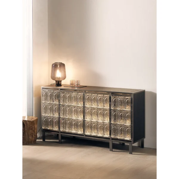 Ice-Textured Glass Brick Sideboard with Steel Frame in ivory — in a room setting
