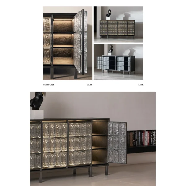 Ice-Textured Glass Brick Sideboard with Steel Frame in ivory — in a room setting