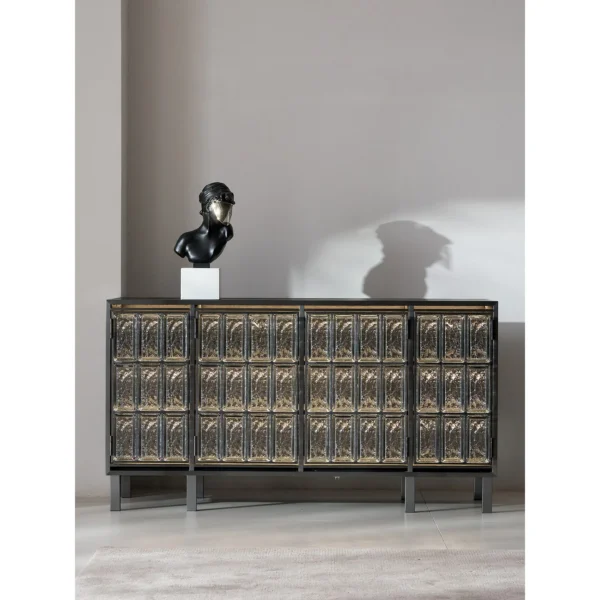 Ice-Textured Glass Brick Sideboard with Steel Frame in ivory — in a room setting