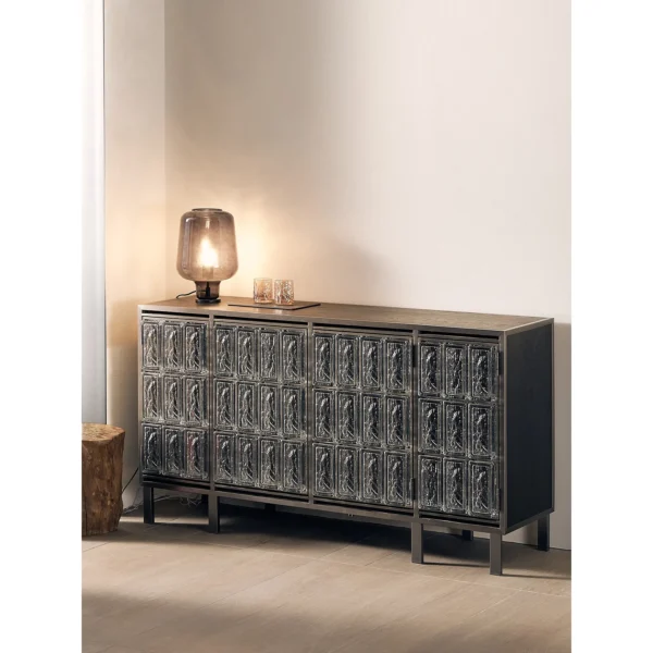 Ice-Textured Glass Brick Sideboard with Steel Frame in ivory — in a room setting