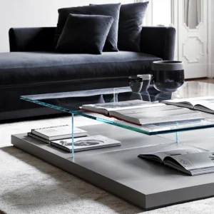 Glass Top Coffee Table on Grey Lacquered Plinth, 120 cm in slate — front view