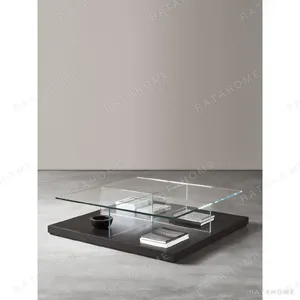 Glass Top Coffee Table on Grey Lacquered Plinth, 120 cm in slate — in a room setting