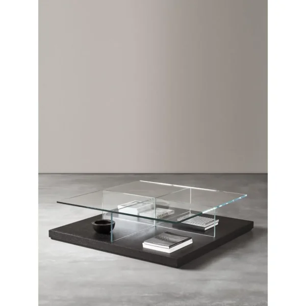 Glass Top Coffee Table on Grey Lacquered Plinth, 120 cm in slate — in a room setting