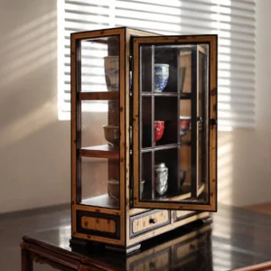 Bamboo-Framed Glass Double-Door Teacup Display Cabinet in clay — front view