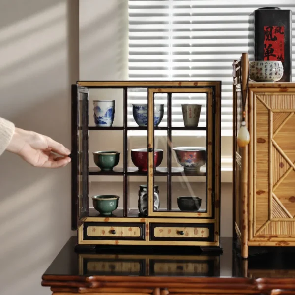 Bamboo-Framed Glass Double-Door Teacup Display Cabinet in clay — in a room setting