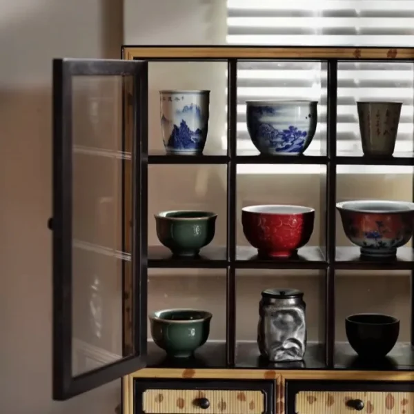 Bamboo-Framed Glass Double-Door Teacup Display Cabinet in clay — detail