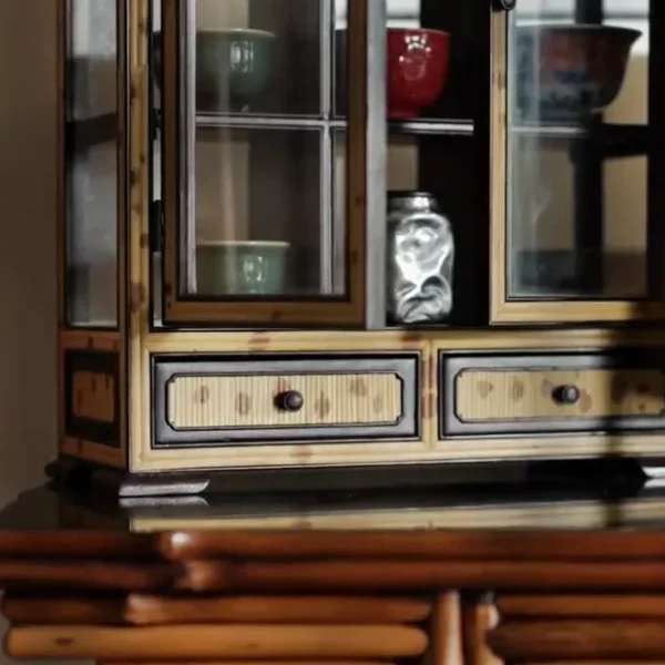 Bamboo-Framed Glass Double-Door Teacup Display Cabinet in clay — detail