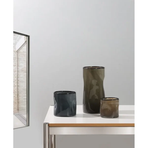 Hand-Blown Pleated Glass Vases in Pale Green and Smoke — in a room setting