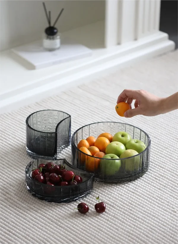 Cool Grey Ribbed Glass Fruit Boxes, Tall or Short in slate — in a room setting