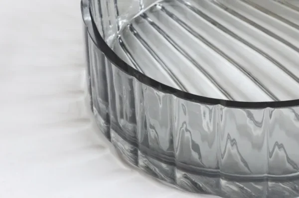 Cool Grey Ribbed Glass Fruit Boxes, Tall or Short in slate — in a room setting