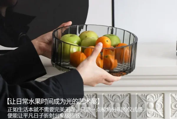 Cool Grey Ribbed Glass Fruit Boxes, Tall or Short in slate — in a room setting